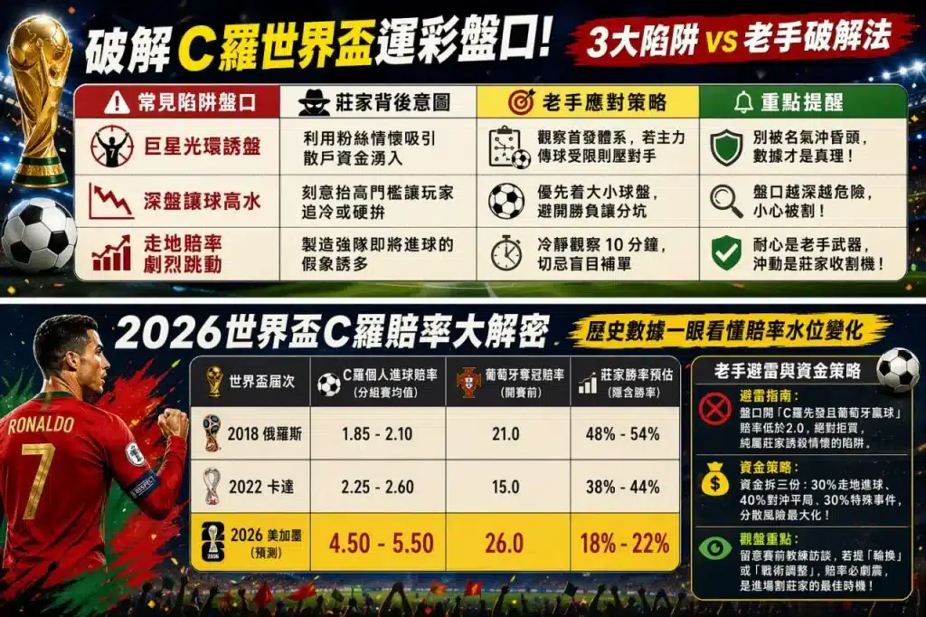 C羅世界盃運彩盤口解析圖片，展示賠率變化、常見陷阱與投注策略對比
