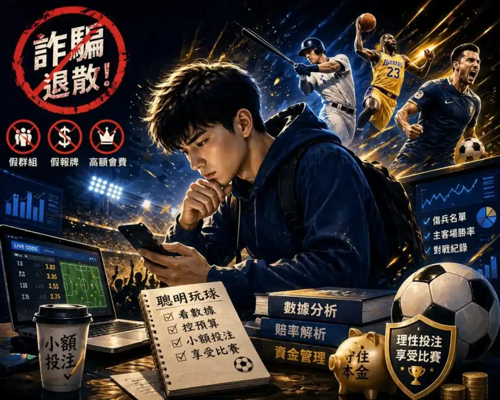 運彩分析防詐教學圖，呈現學生利用數據與資金管理理性投注的情境
