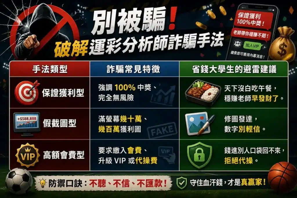 運彩分析詐騙手法比較圖，整理常見保證獲利、假截圖與高額VIP詐騙模式
